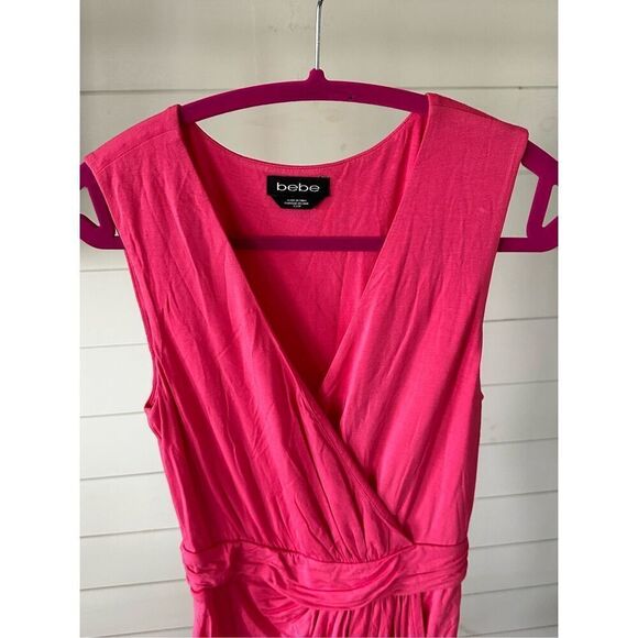 Bebe Faux Wrap Plunge Neck Mini Dress Pink Sz XS - Picture 2 of 12